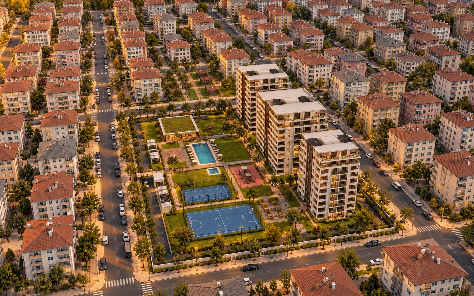 Ardıçpark’ın gün batımında teraslı üst katları ve peyzajı